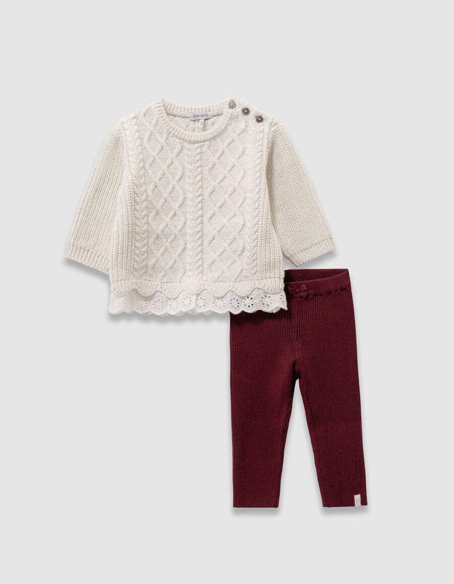 conjunto de jersey de punto color crudo y leggings burdeos para bebé niña