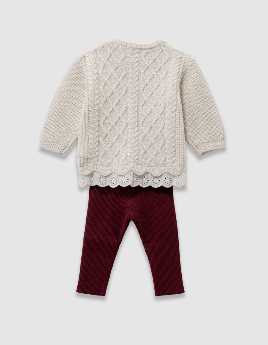 conjunto de jersey de punto color crudo y leggings burdeos para bebé niña