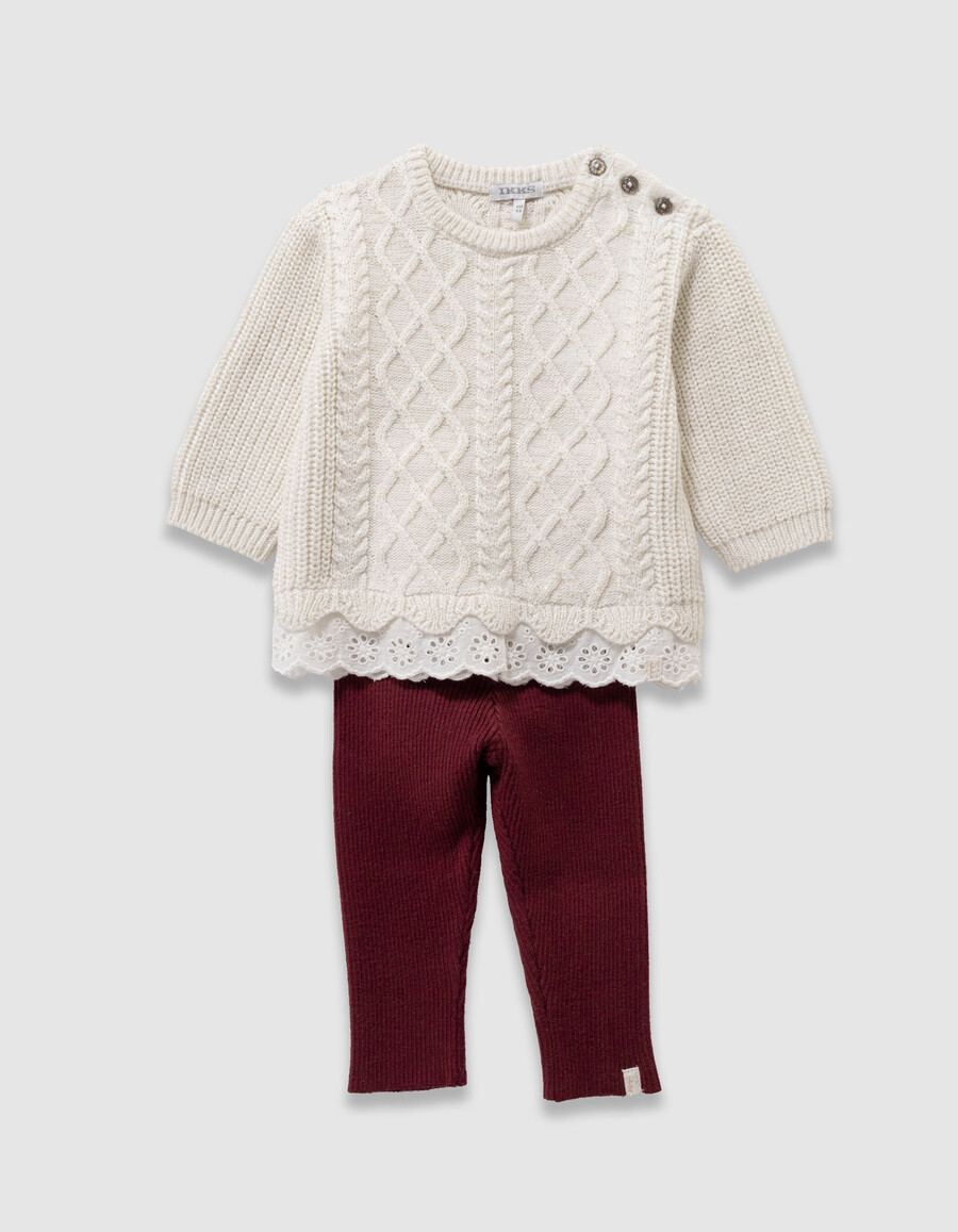 conjunto de jersey de punto color crudo y leggings burdeos para bebé niña