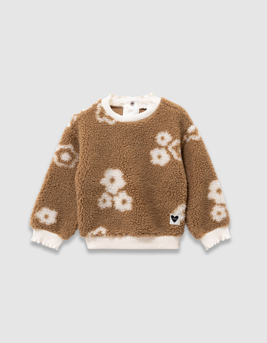 sudadera sherpa beige con estampado floral para niña