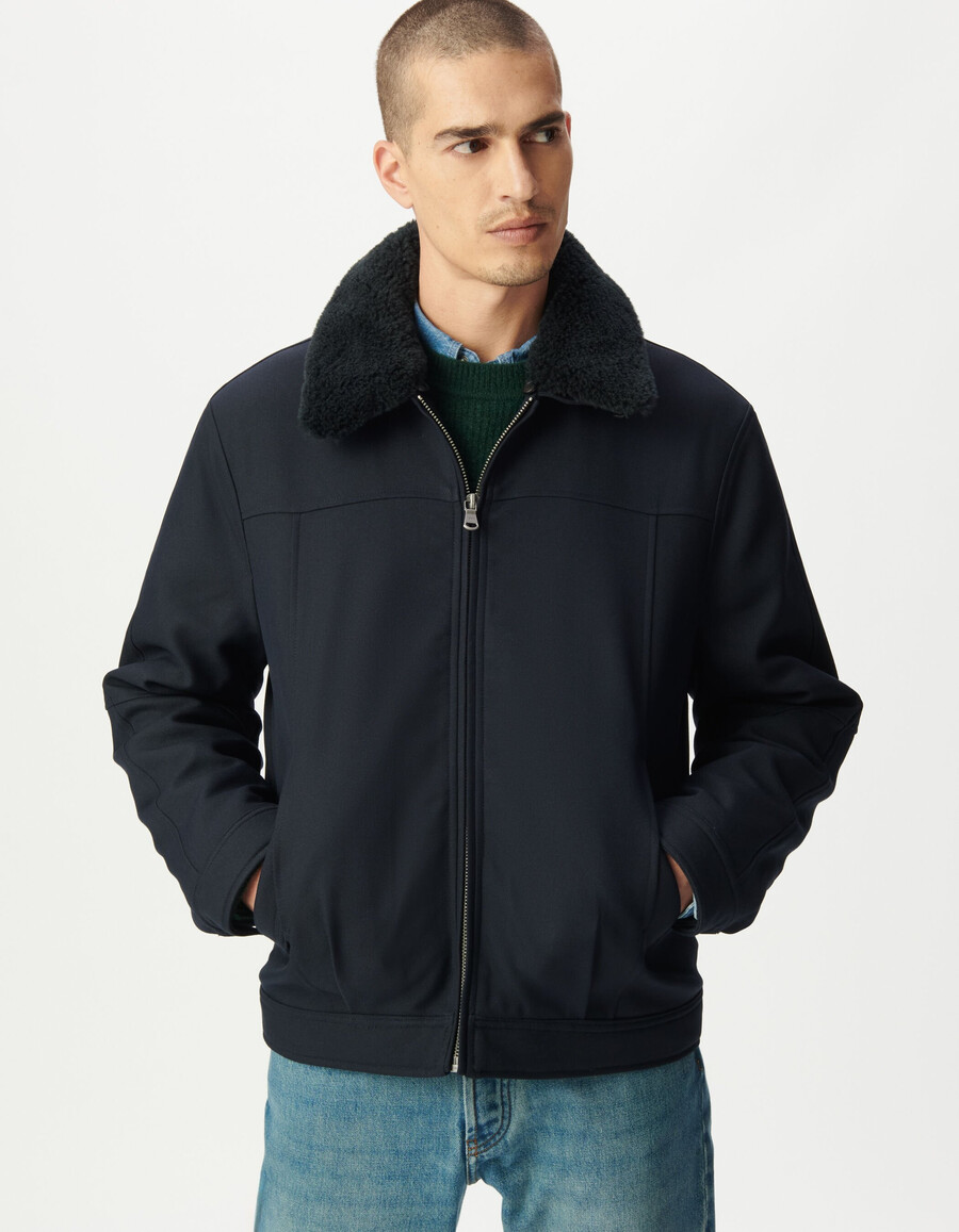 chaqueta de vuelo corta azul marino para hombre con cuello desmontable