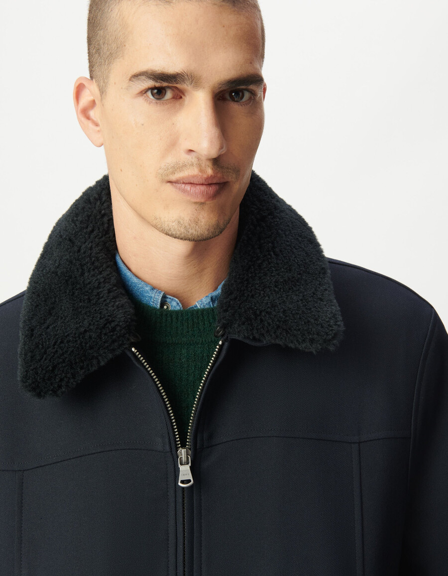 chaqueta de vuelo corta azul marino para hombre con cuello desmontable