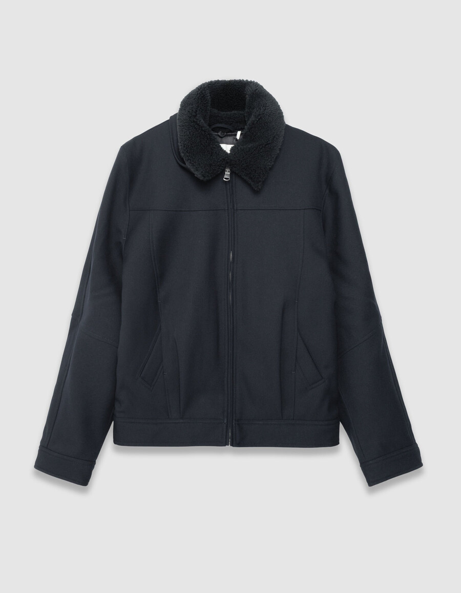 chaqueta de vuelo corta azul marino para hombre con cuello desmontable