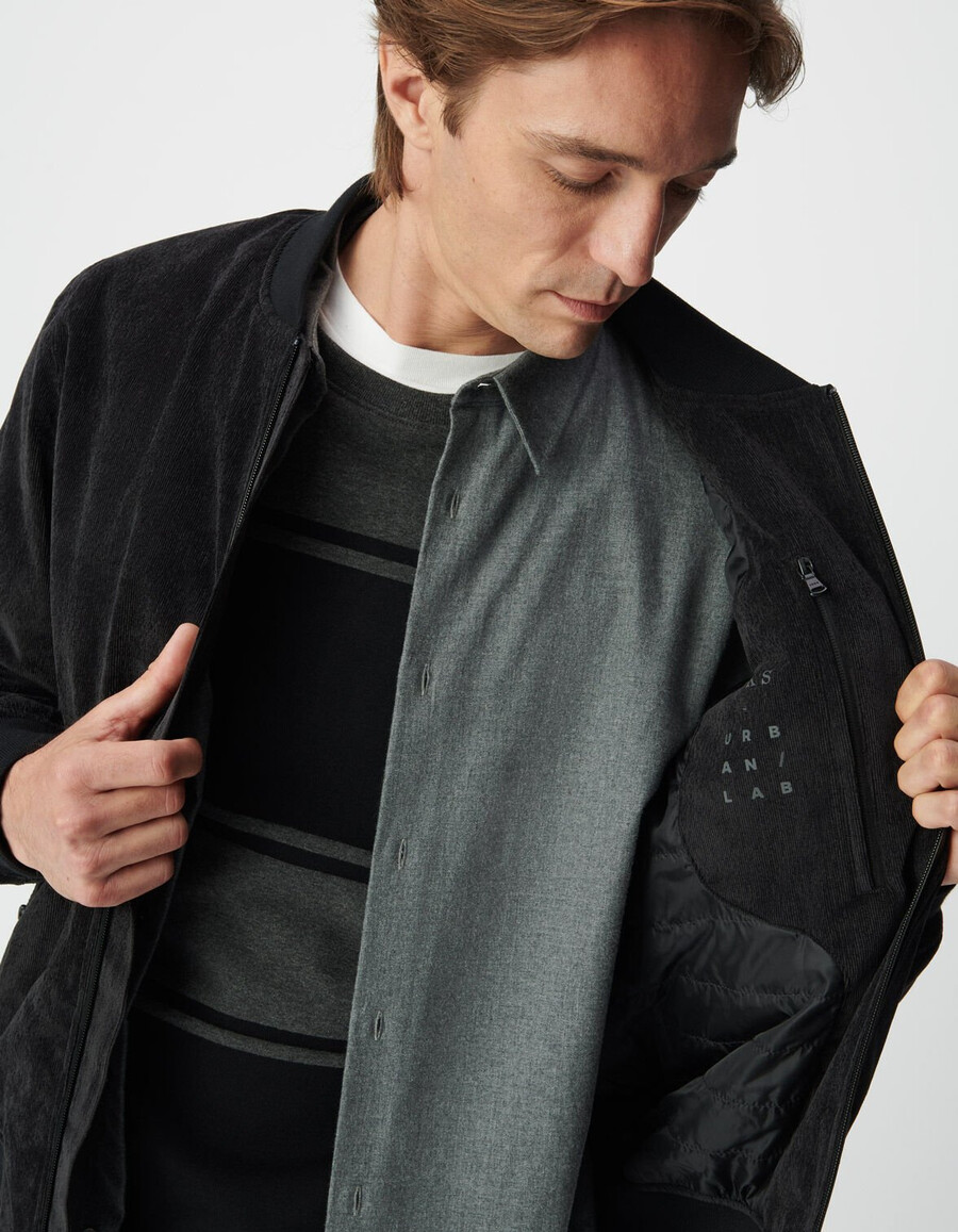 chaqueta impermeable de terciopelo acolchado negro para hombre