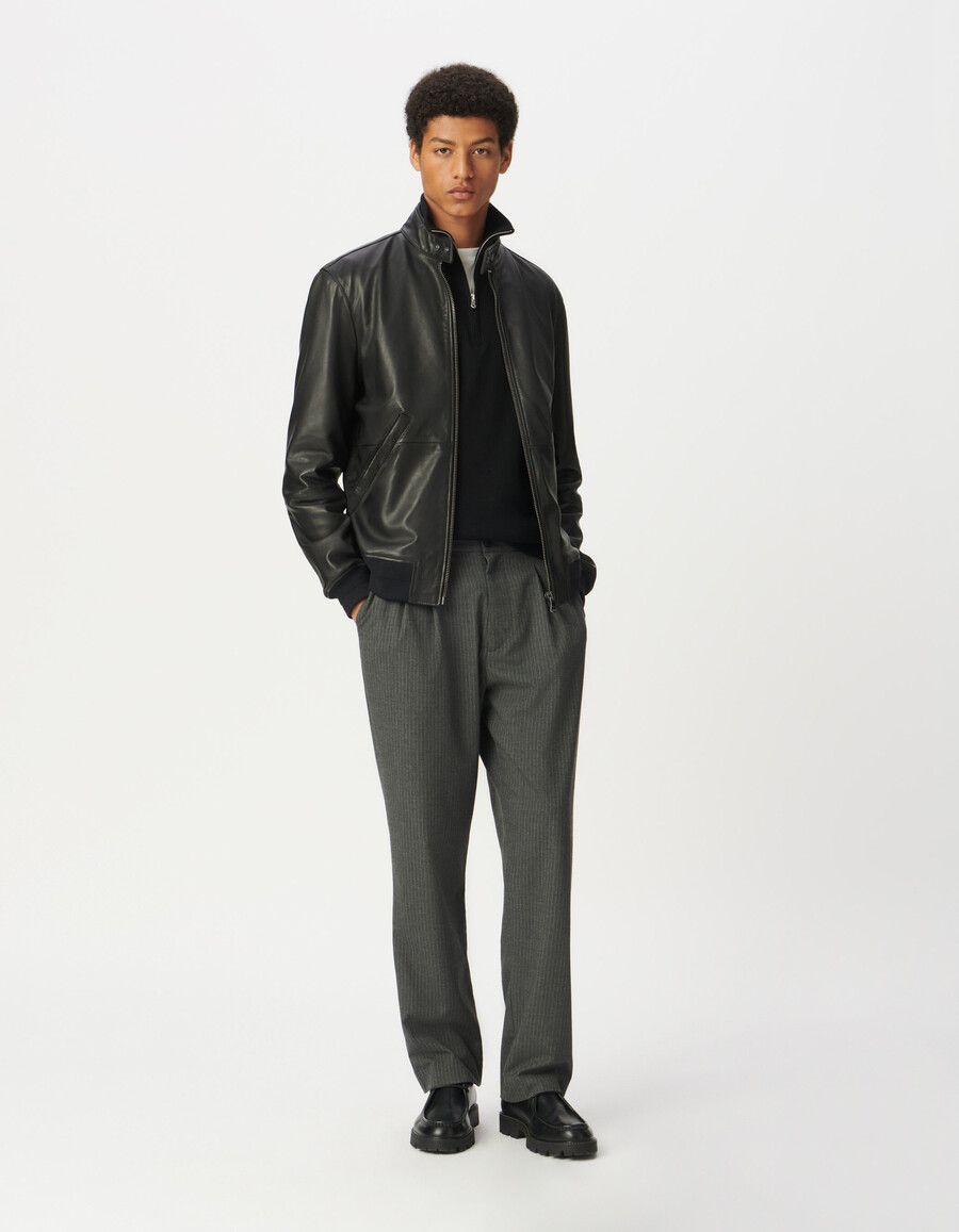 chaqueta de cuero negra para hombre con ribete acanalado
