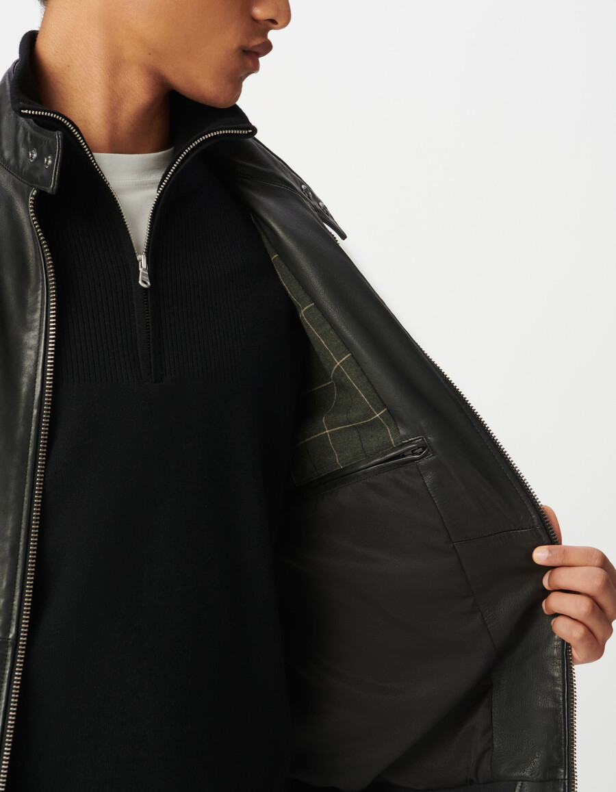 chaqueta de cuero negra para hombre con ribete acanalado