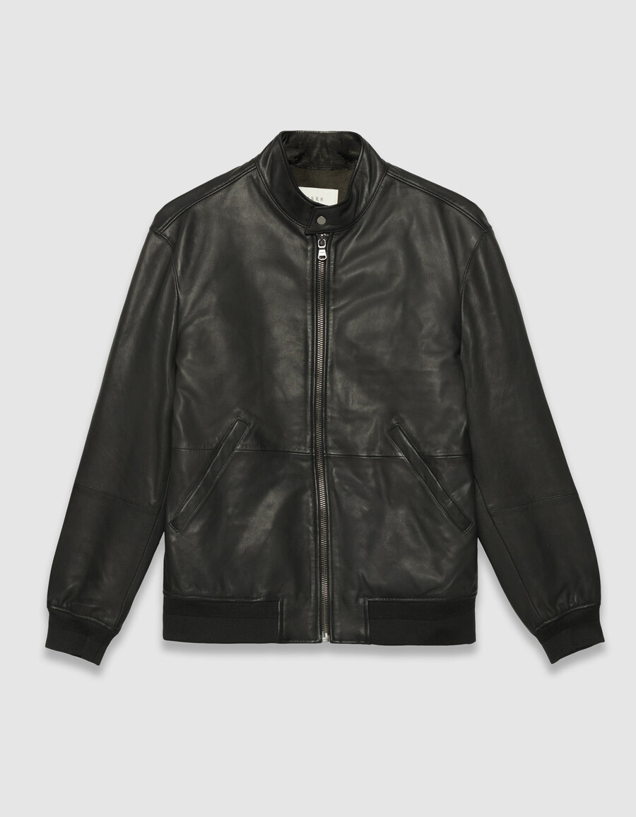 chaqueta de cuero negra para hombre con ribete acanalado