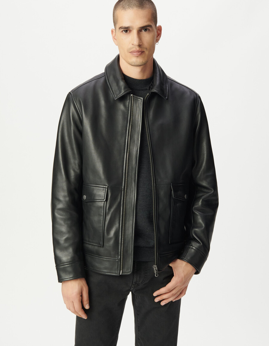 chaqueta de vuelo de cuero negro para hombre con sherpa desmontable