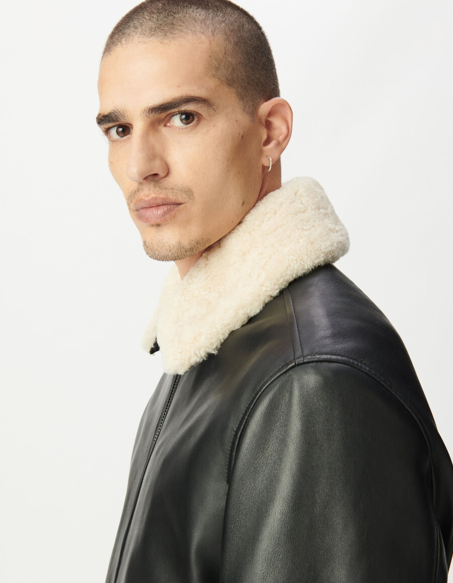 chaqueta de vuelo de cuero negro para hombre con sherpa desmontable
