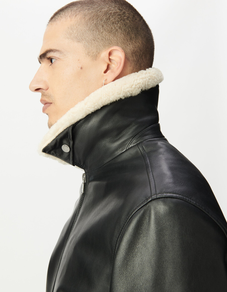 chaqueta de vuelo de cuero negro para hombre con sherpa desmontable
