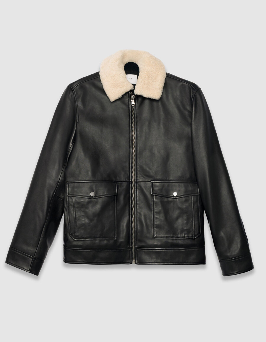 chaqueta de vuelo de cuero negro para hombre con sherpa desmontable