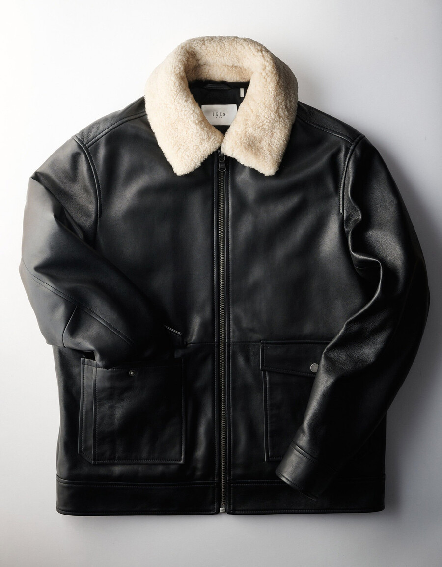 chaqueta de vuelo de cuero negro para hombre con sherpa desmontable