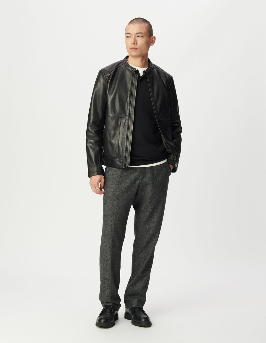 chaqueta de cuero negra para hombre con bolsillos con cremallera