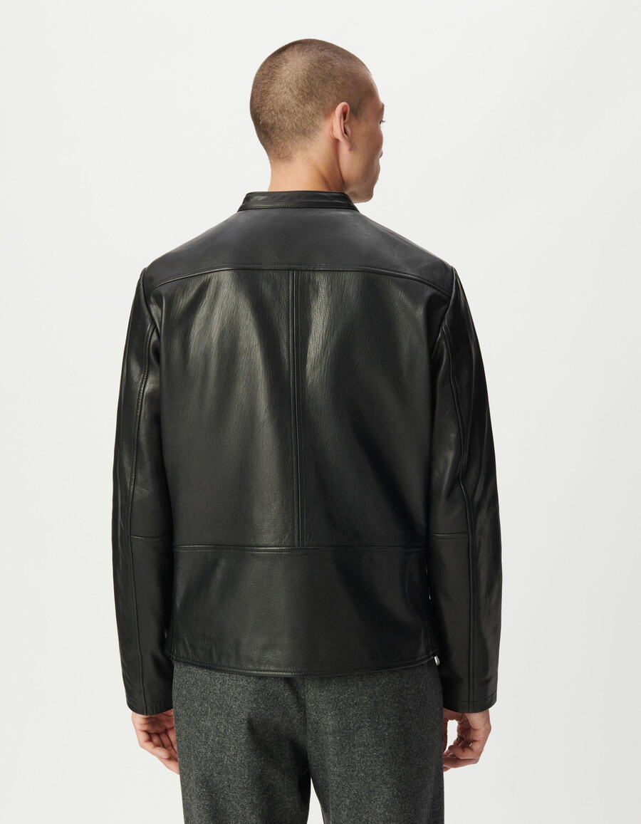 chaqueta de cuero negra para hombre con bolsillos con cremallera