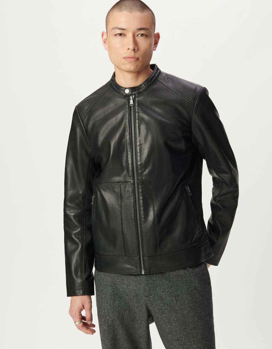 chaqueta de cuero negra para hombre con bolsillos con cremallera