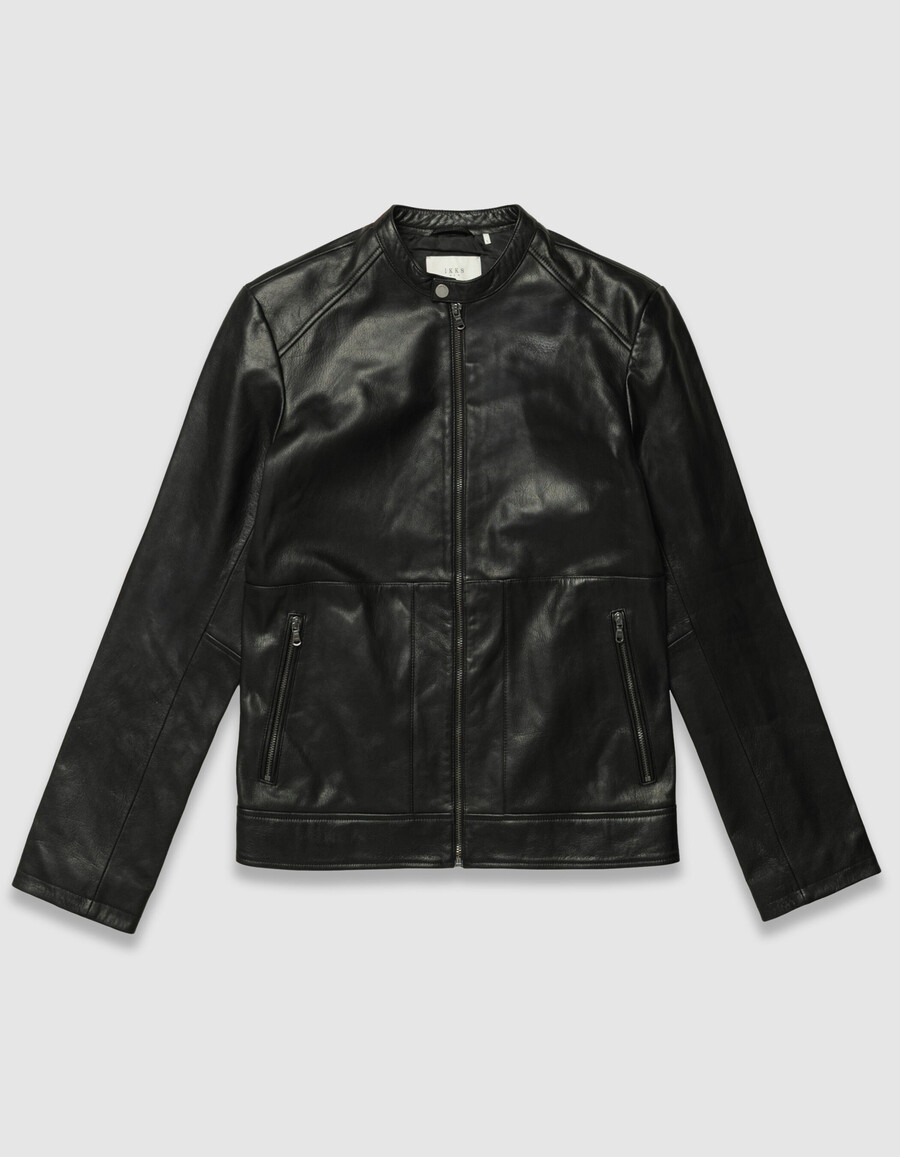 chaqueta de cuero negra para hombre con bolsillos con cremallera