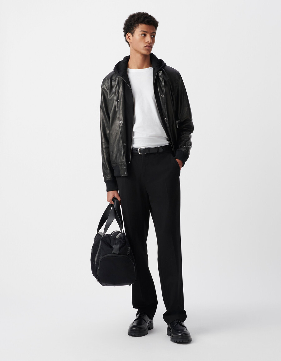 chaqueta bomber de cuero negra para hombre con forro desmontable