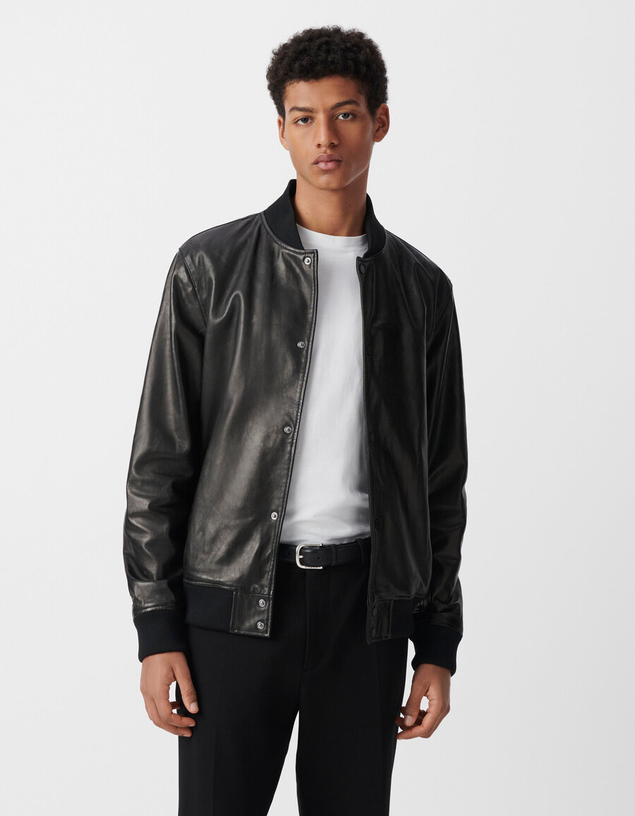 chaqueta bomber de cuero negra para hombre con forro desmontable