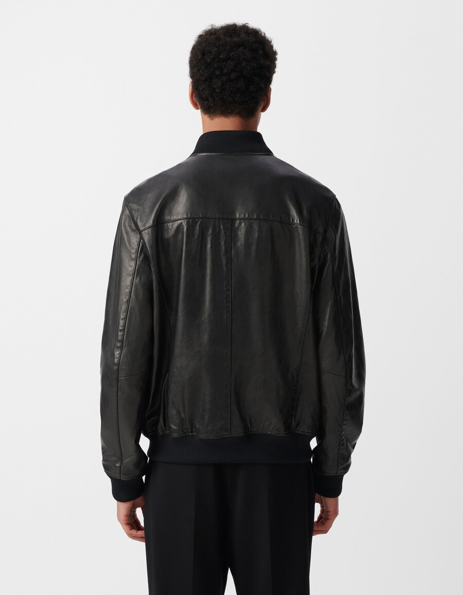 chaqueta bomber de cuero negra para hombre con forro desmontable