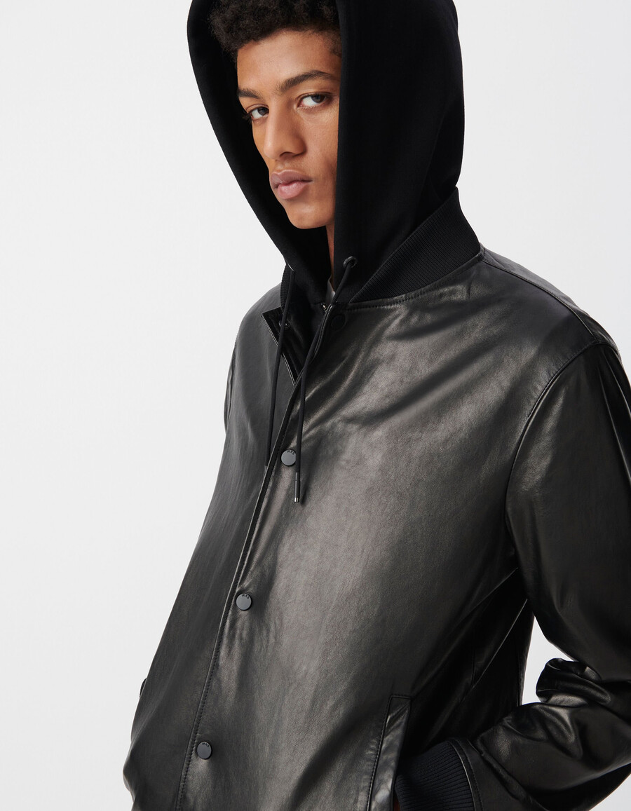 chaqueta bomber de cuero negra para hombre con forro desmontable