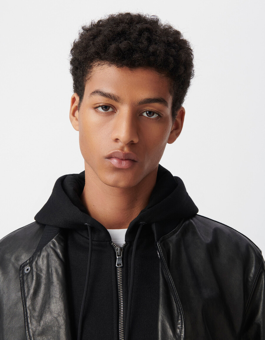 chaqueta bomber de cuero negra para hombre con forro desmontable
