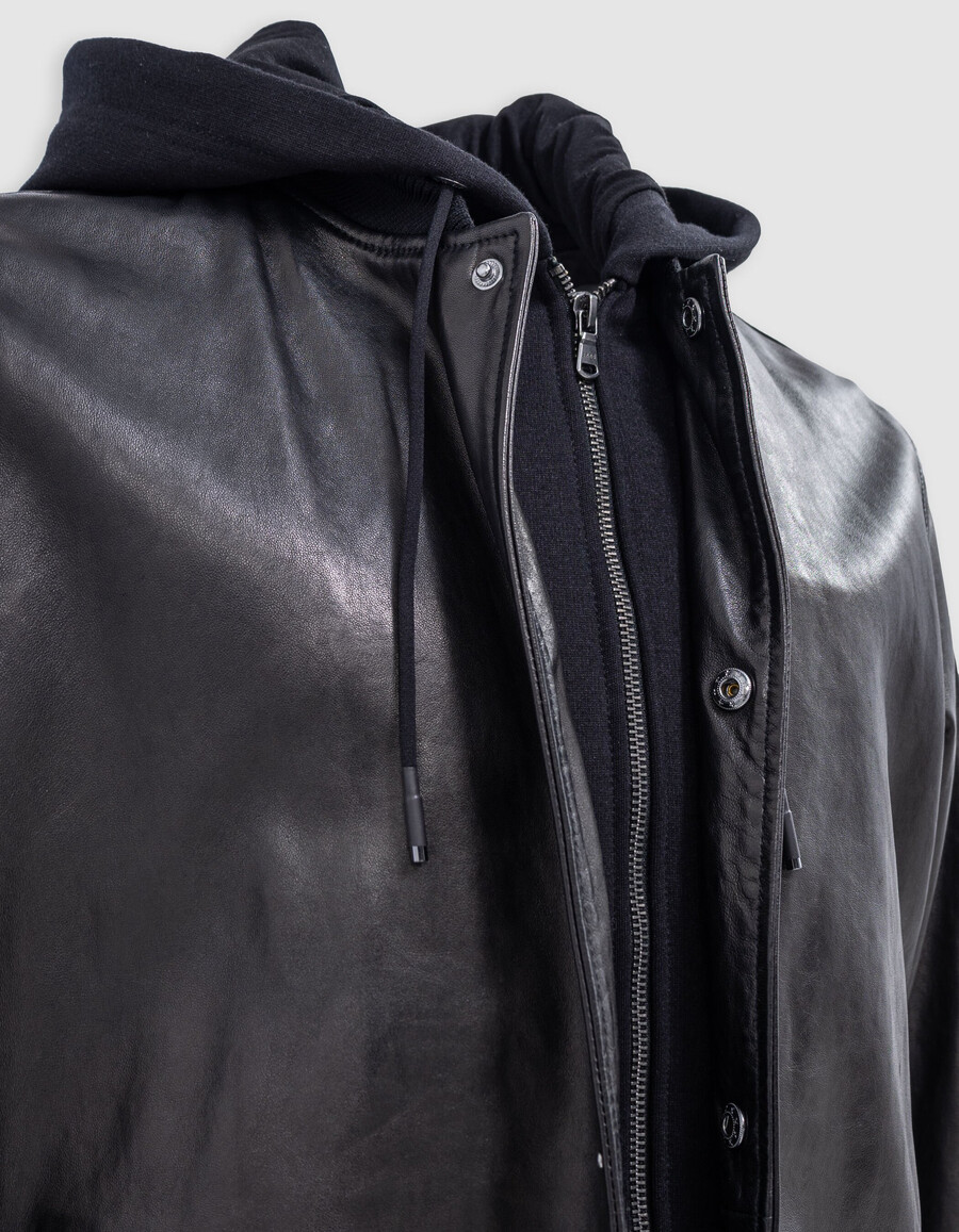 chaqueta bomber de cuero negra para hombre con forro desmontable