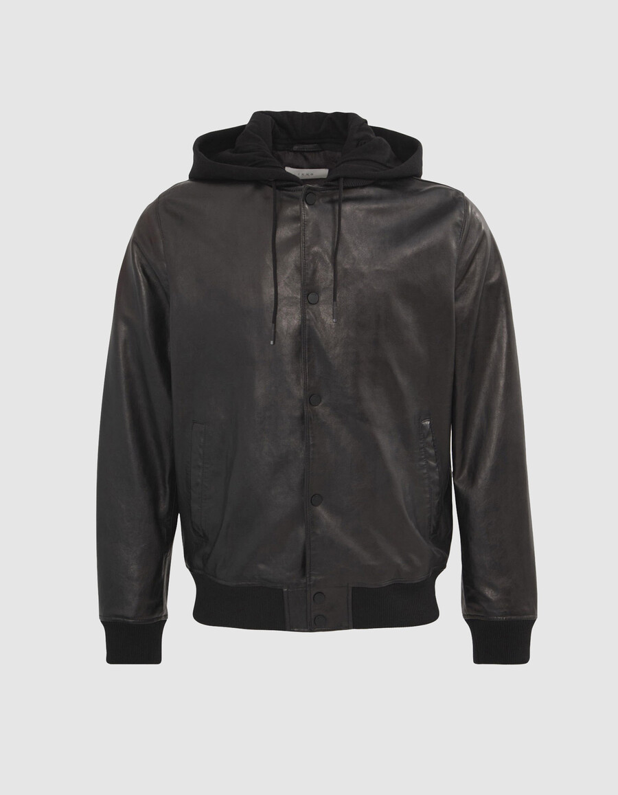 chaqueta bomber de cuero negra para hombre con forro desmontable