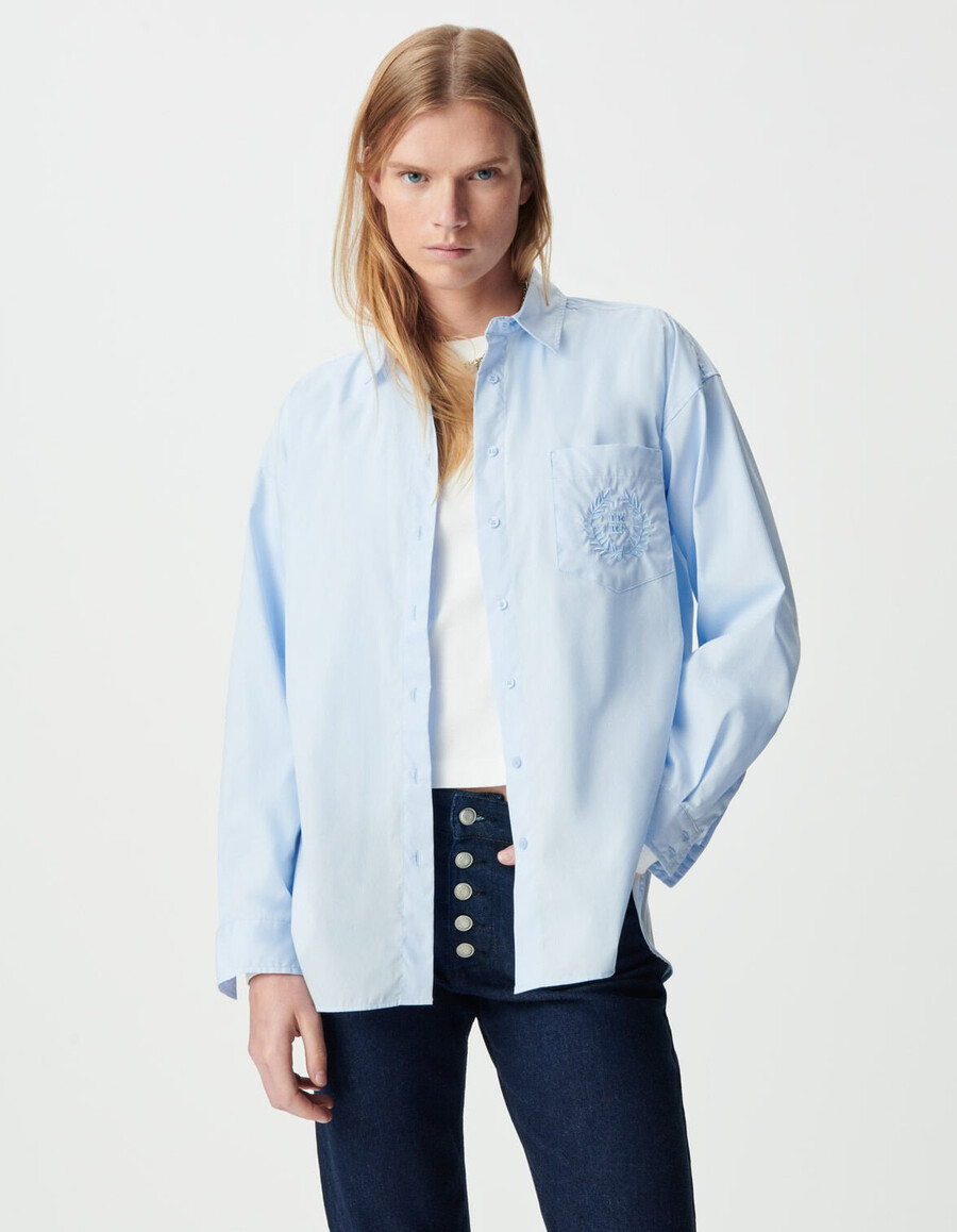 camisa de manga larga extragrande bordada en azul para mujer