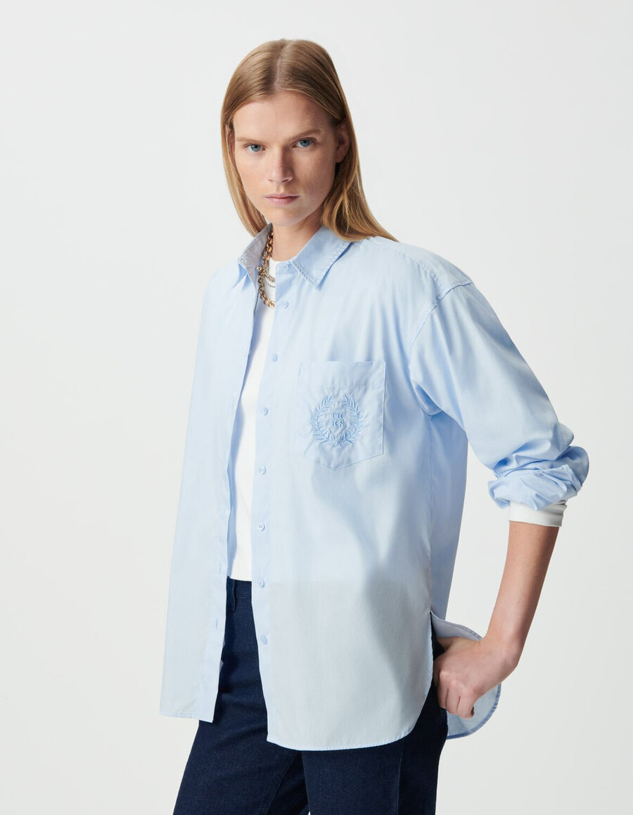 camisa de manga larga extragrande bordada en azul para mujer