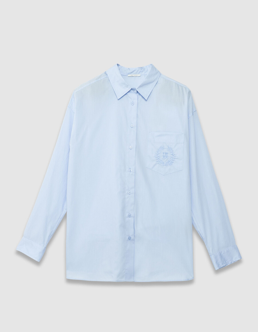 camisa de manga larga extragrande bordada en azul para mujer
