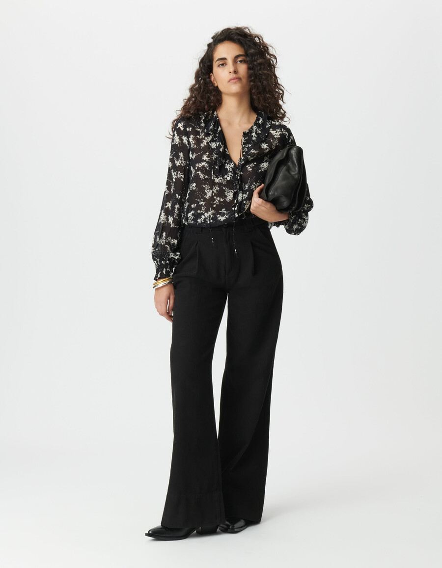 camisa de gasa negra para mujer con estampado de flores silvestres