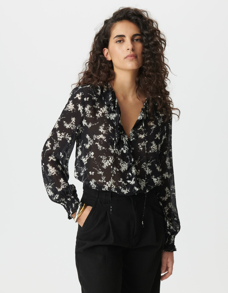 camisa de gasa negra para mujer con estampado de flores silvestres