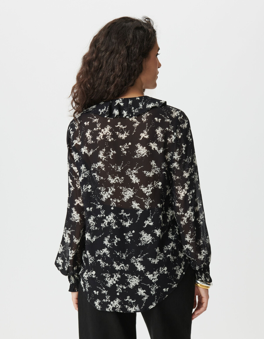 camisa de gasa negra para mujer con estampado de flores silvestres