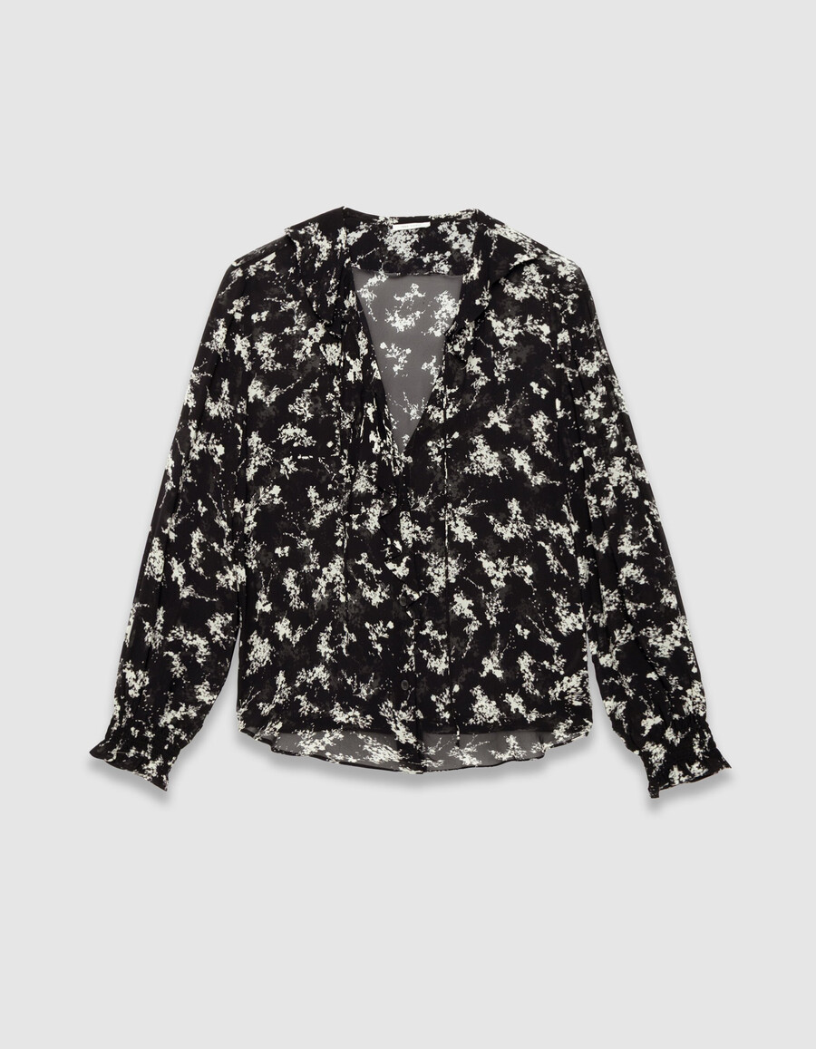 camisa de gasa negra para mujer con estampado de flores silvestres
