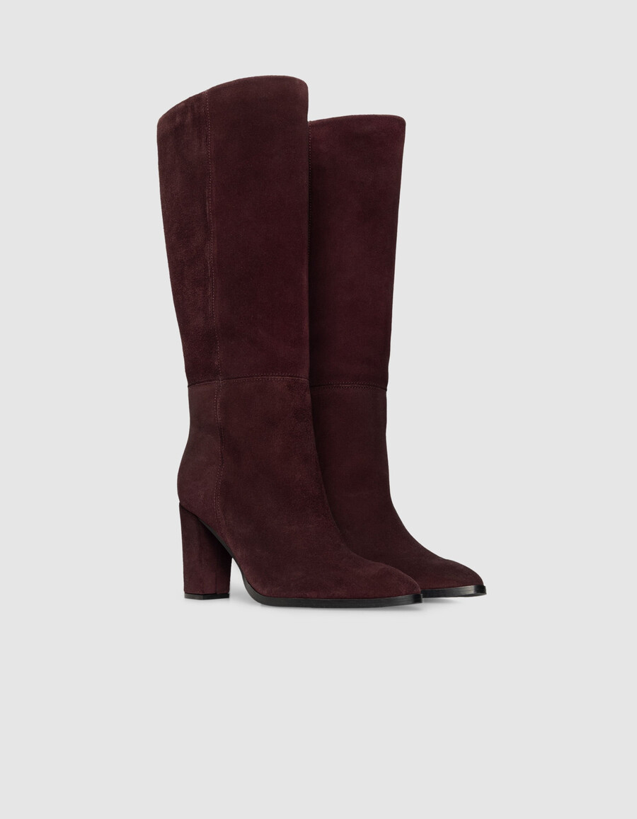 botas de tacón de ante burdeos para mujer