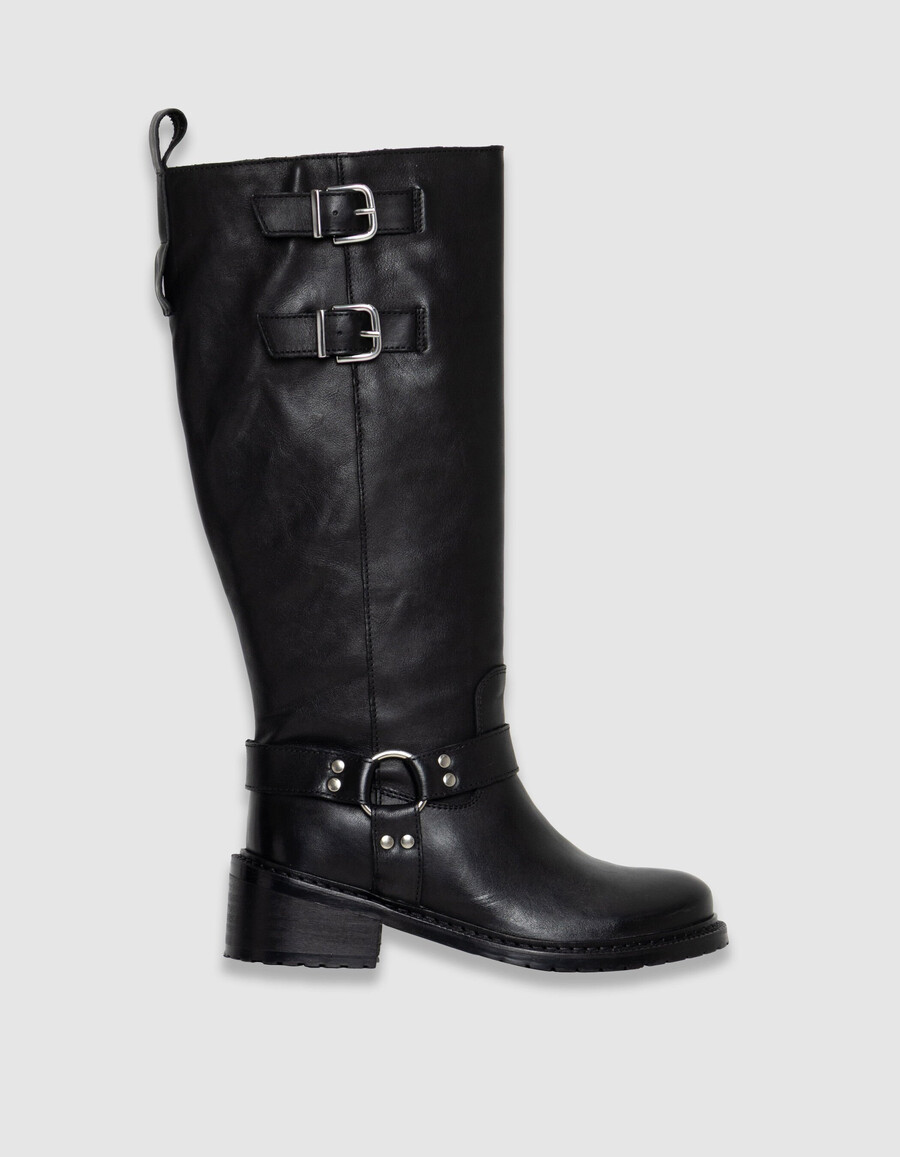 botas de motociclista de piel negra para mujer con doble hebilla