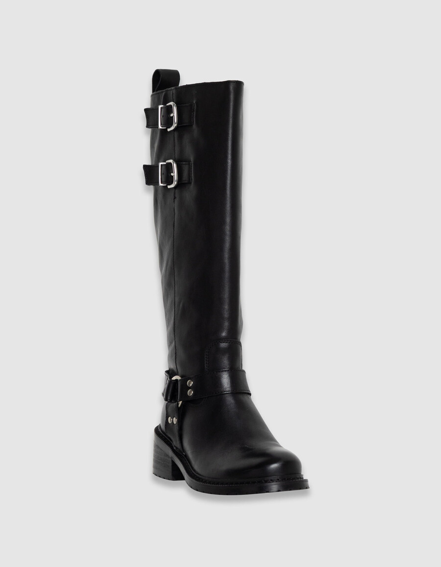 botas de motociclista de piel negra para mujer con doble hebilla