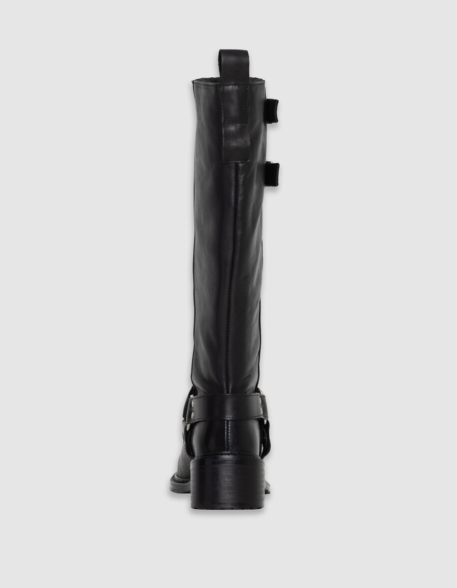 botas de motociclista de piel negra para mujer con doble hebilla
