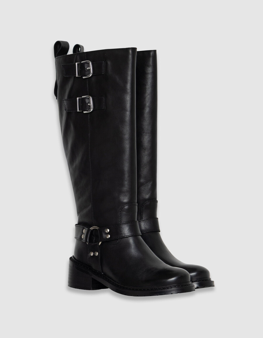 botas de motociclista de piel negra para mujer con doble hebilla