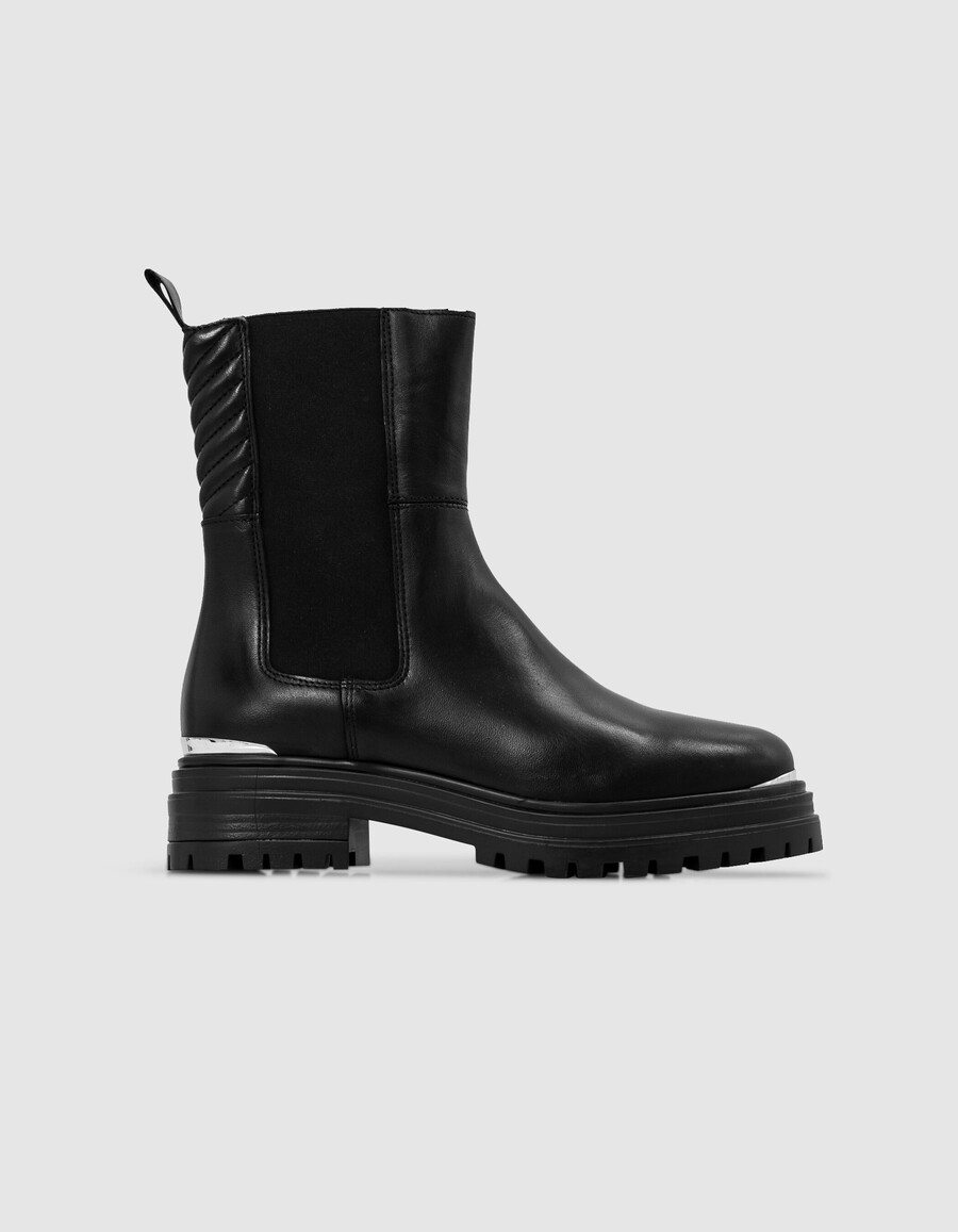 botas de cuero negras chelsa con pasador de metal para mujer