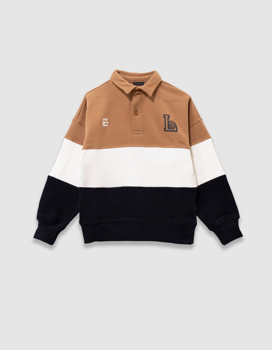 sudadera polo de algodón orgánico para niño en color camelcrudoazul marino