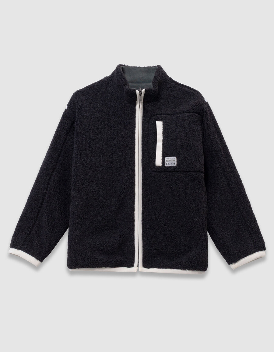 sudadera reversible tipo cárdigan de sherpa negra y verde para niño