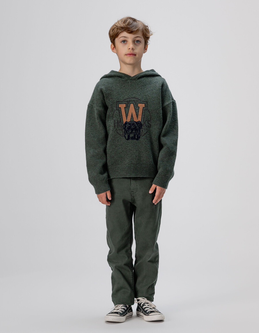sudadera de punto verde con imagen de perro para niño