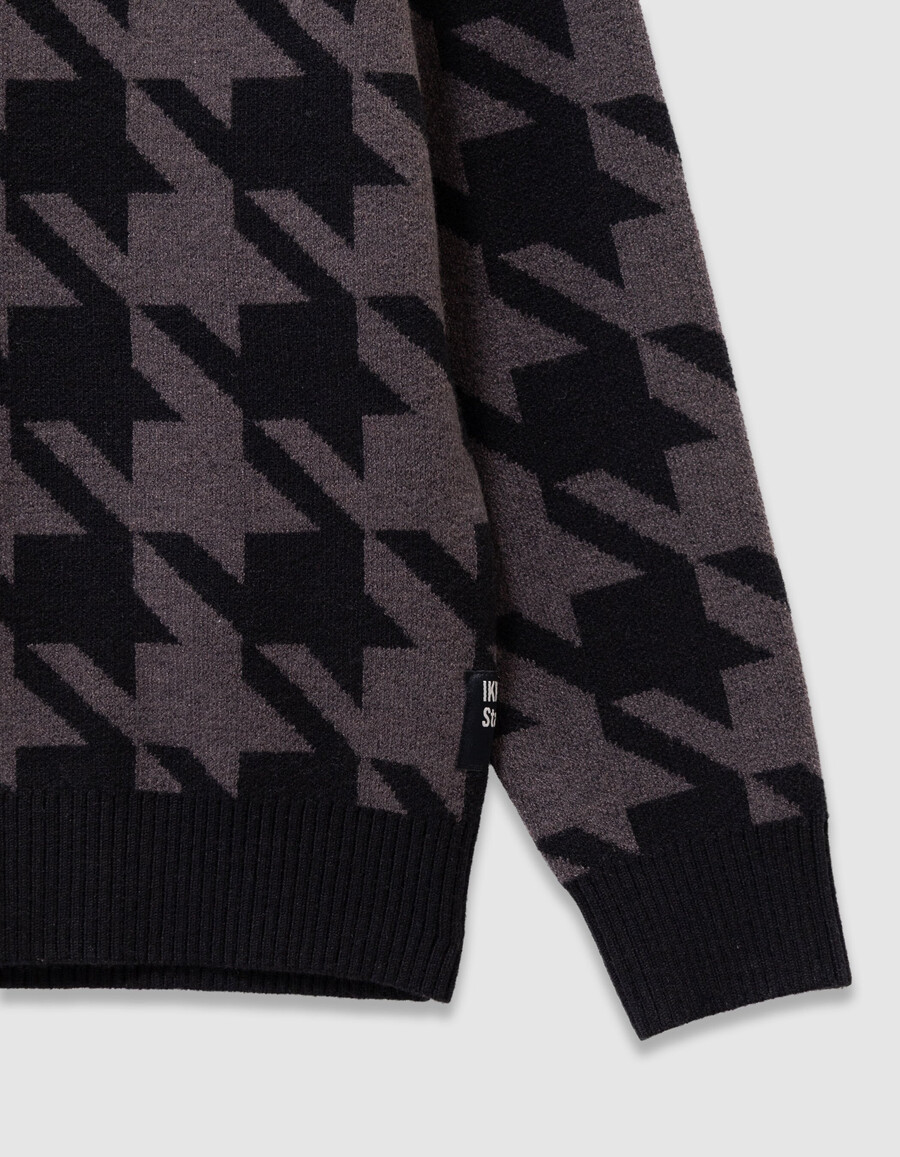 suéter de punto con cuello abotonado y estampado de pata de gallo gris para niño