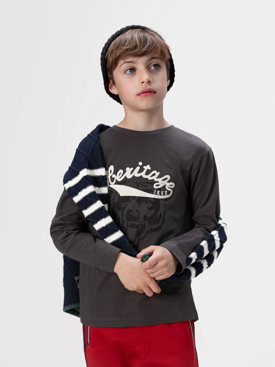 camiseta gris para niño con eslogan bordado e imagen de oso