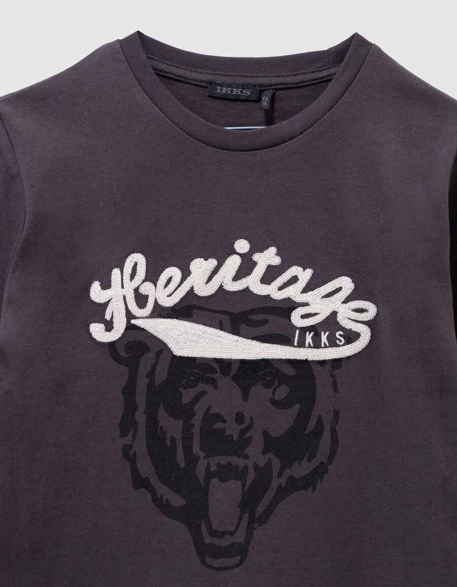 camiseta gris para niño con eslogan bordado e imagen de oso