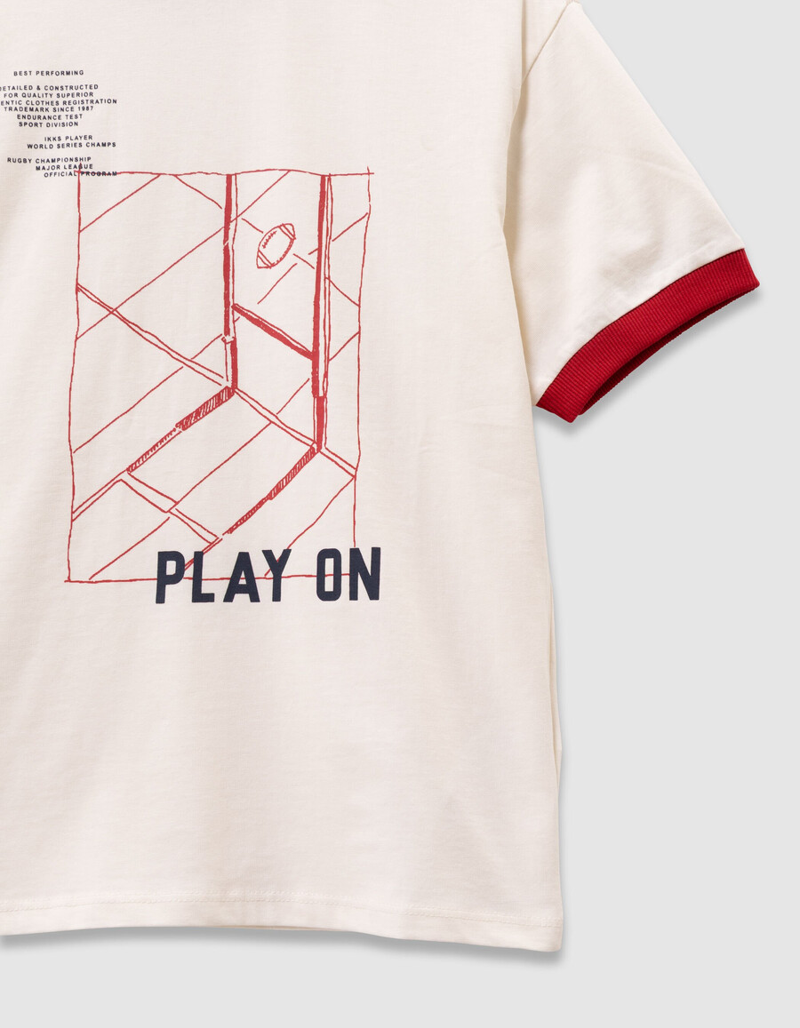 camiseta blanca de algodón orgánico para niño con ribete rojo