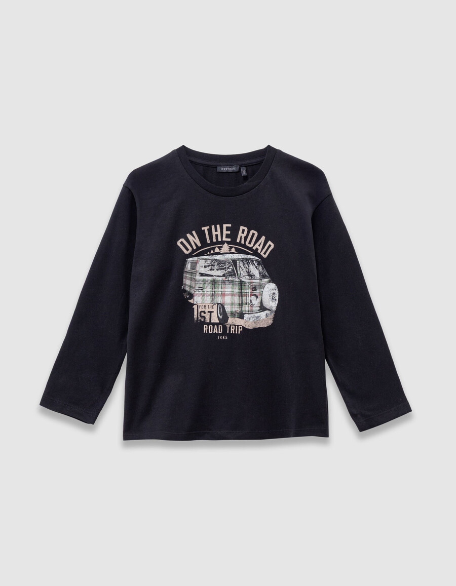 camiseta negra de algodón orgánico para niño con imagen de furgoneta estampada