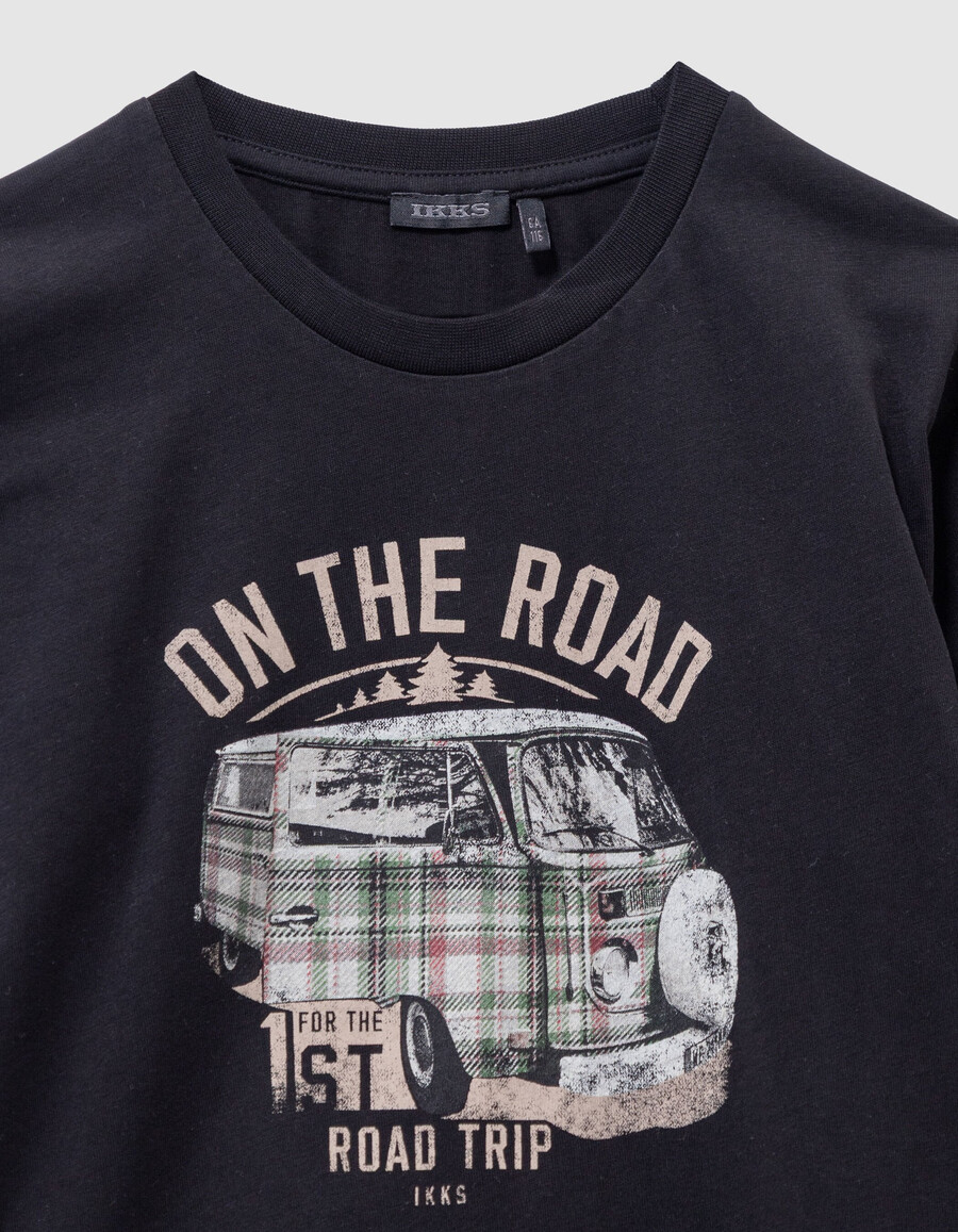 camiseta negra de algodón orgánico para niño con imagen de furgoneta estampada