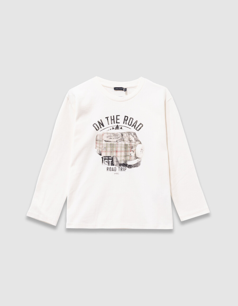 camiseta blanca de algodón orgánico para niño con imagen de furgoneta estampada